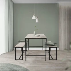 Esszimmergruppe mit 2 Bänken 3-Teilig mit Esstisch Sonoma-Eiche Stahlgestell ML-Design-ECD Germany Online
