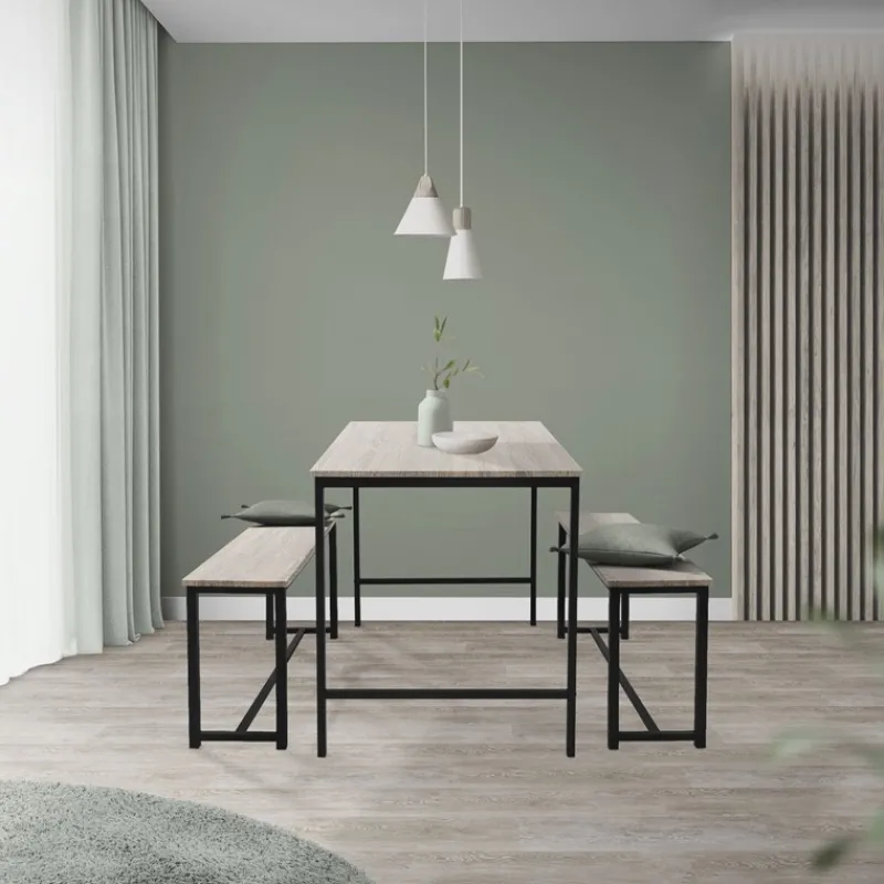 Esszimmergruppe mit 2 Bänken 3-Teilig mit Esstisch Sonoma-Eiche Stahlgestell ML-Design-ECD Germany Online