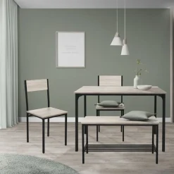 Esszimmergruppe mit Bank 4-Teilig mit Esstisch und Stühlen Sonoma Eiche Stahlgestell ML-Design-ECD Germany Clearance