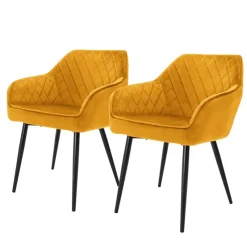 Esszimmerstühle mit Rücken- & Armlehne 2er Set Senfgelb Samtbezug mit Metallbeinen ML-Design-ECD Germany New