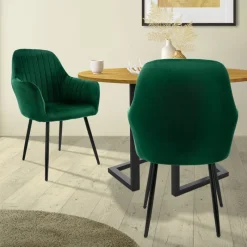 Esszimmerstühle mit Rücken- & Armlehne 2er Set Grün mit Samtbezug und Metallbeinen ML-Design-ECD Germany Clearance