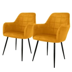 Esszimmerstühle mit Rücken- & Armlehne 2er Set Senf Samtbezug Quadrat Steppung mit Metallbeinen ML-Design-ECD Germany Outlet