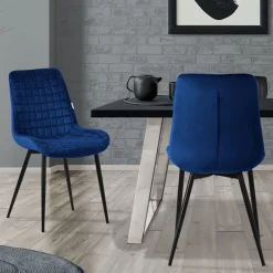Esszimmerstuhl 2er Set Dunkelblau mit Samtbezug und Stahlbeinen Küchenstuhl mit Rückenlehne ML-Design-ECD Germany