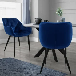 Esszimmerstuhl 2er Set Große Rauten Steppung mit Rücken- und Armlehnen Dunkelblau Küchenstuhl mit Microfaser-Samtbezug ML-Design-ECD Germany Online