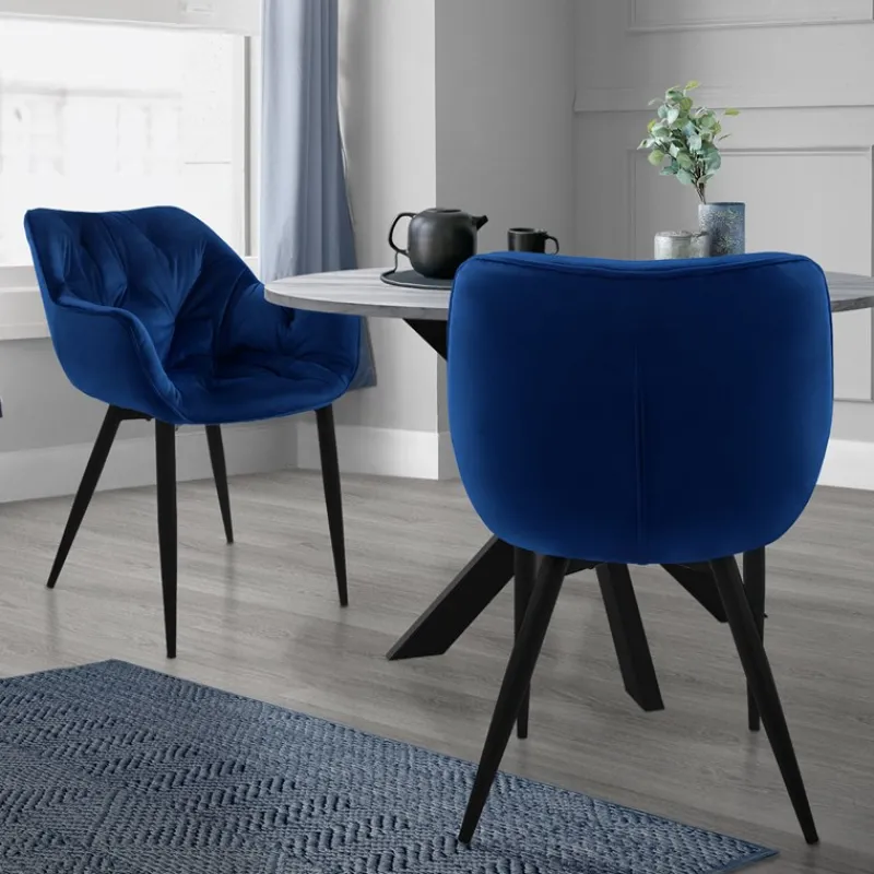 Esszimmerstuhl 2er Set Große Rauten Steppung mit Rücken- und Armlehnen Dunkelblau Küchenstuhl mit Microfaser-Samtbezug ML-Design-ECD Germany Online