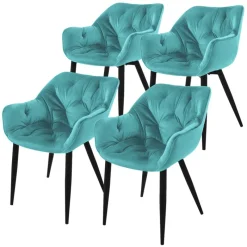 Esszimmerstuhl 4er Set Große Rauten Steppung mit Rücken- und Armlehnen Petrol Küchenstuhl mit Microfaser-Samtbezug ML-Design-ECD Germany Online