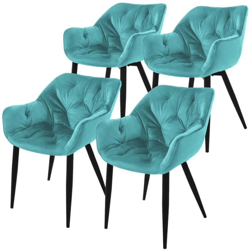 Esszimmerstuhl 4er Set Große Rauten Steppung mit Rücken- und Armlehnen Petrol Küchenstuhl mit Microfaser-Samtbezug ML-Design-ECD Germany Online