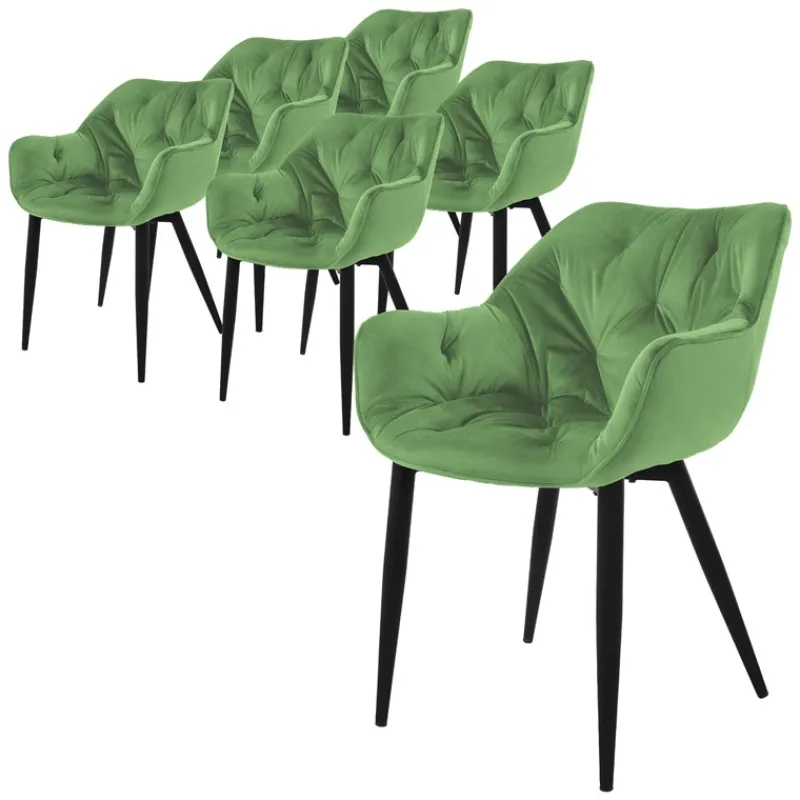 Esszimmerstuhl 6er Set Große Rauten Steppung mit Rücken- und Armlehnen Salbei Küchenstuhl mit Microfaser-Samtbezug ML-Design-ECD Germany Discount