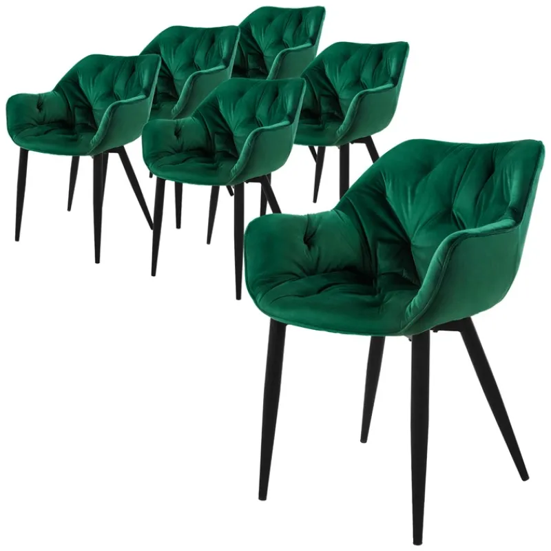 Esszimmerstuhl 6er Set Große Rauten Steppung mit Rücken- und Armlehnen Dunkelgrün Küchenstuhl mit Microfaser-Samtbezug ML-Design-ECD Germany Clearance