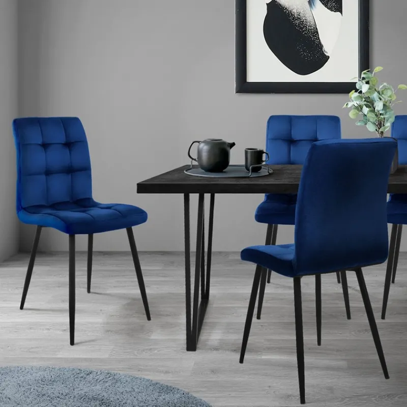 Esszimmerstuhl 4er Set Große Quadrat Steppung Dunkelblau Samtbezug mit Metallbeinen inkl. Montagematerial ML-Design-ECD Germany Sale