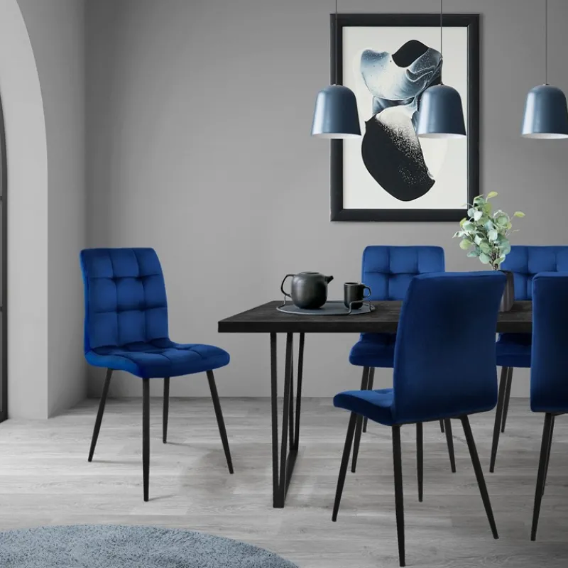 Esszimmerstuhl 4er Set Große Quadrat Steppung Dunkelblau Samtbezug mit Metallbeinen inkl. Montagematerial ML-Design-ECD Germany Sale