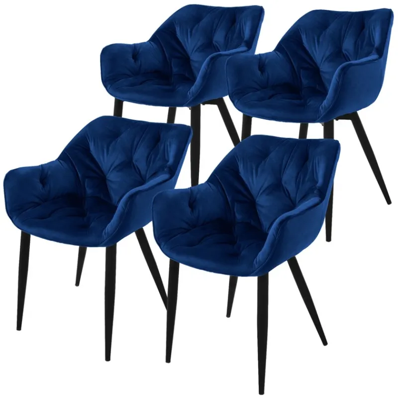 Esszimmerstuhl 4er Set Große Rauten Steppung mit Rücken- und Armlehnen Dunkelblau Küchenstuhl mit Microfaser-Samtbezug ML-Design-ECD Germany Clearance