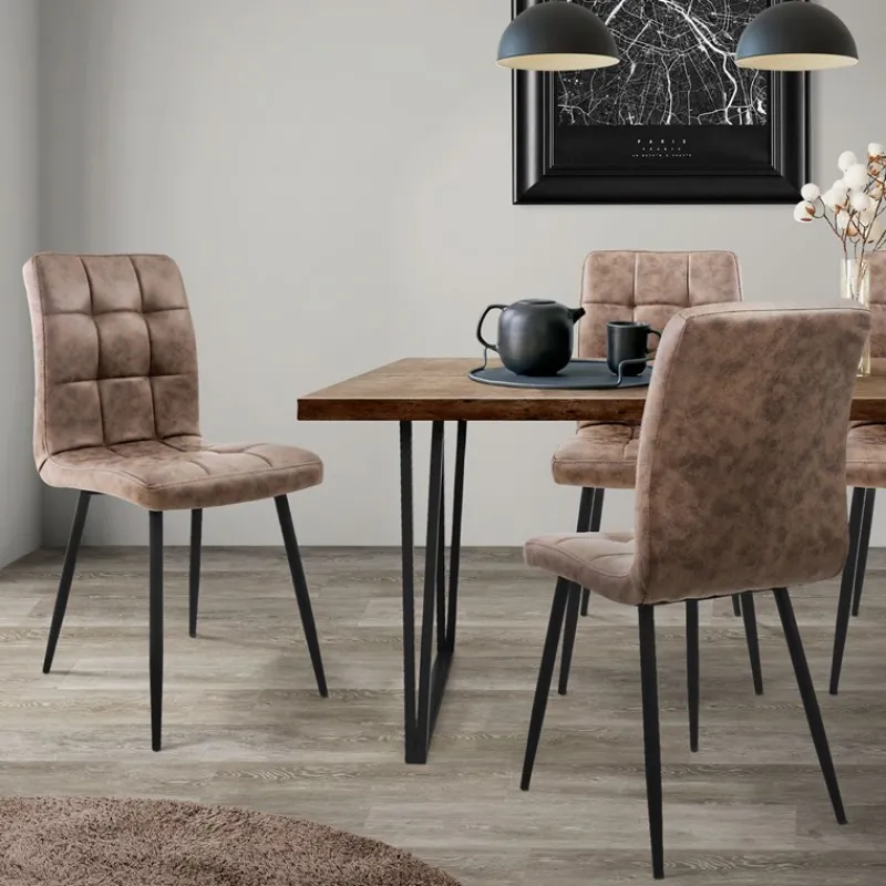 Esszimmerstuhl 4er Set Große Quadrat Steppung Braun Kunstlederbezug mit Metallbeinen inkl. Montagematerial ML-Design-ECD Germany Best