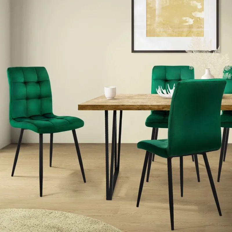 Esszimmerstuhl 4er Set Große Quadrat Steppung Dunkelgrün Samtbezug mit Metallbeinen inkl. Montagematerial ML-Design-ECD Germany