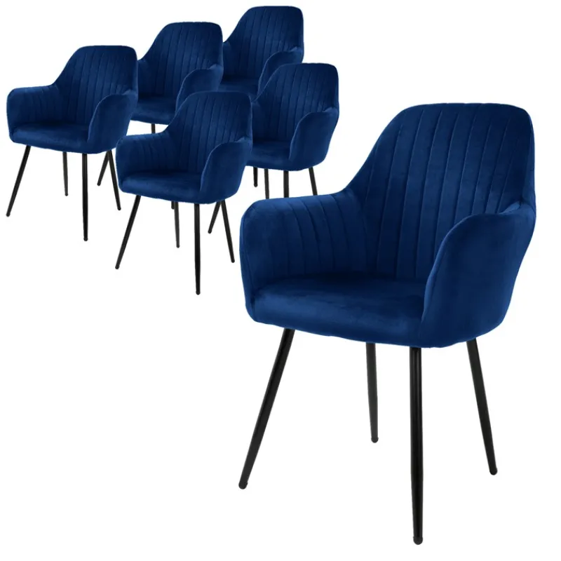 Esszimmerstuhl 6er Set Linierte Steppung mit Rücken- und Armlehnen Blau Küchenstuhl mit Microfaser-Samtbezug ML-Design-ECD Germany Clearance