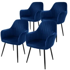 Esszimmerstuhl 4er Set Linierte Steppung mit Rücken- und Armlehnen Blau Küchenstuhl mit Microfaser-Samtbezug ML-Design-ECD Germany New