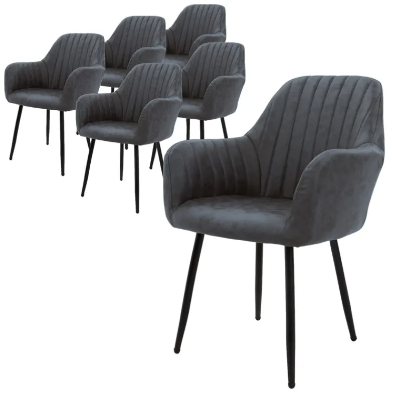 Esszimmerstuhl 6er Set Linierte Steppung mit Rücken- und Armlehnen Anthrazit Küchenstuhl mit Kunstleder Bezug ML-Design-ECD Germany Discount