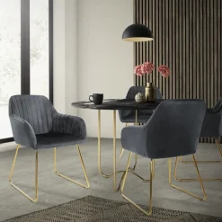 Esszimmerstuhl 2er Set mit Rücken- und Armlehnen Grau Küchenstuhl mit Microfaser-Samtbezug & goldenen Metallbeinen ML-Design-ECD Germany Sale