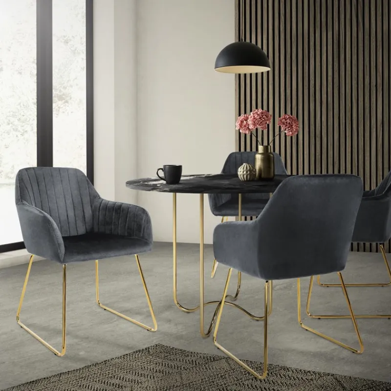 Esszimmerstuhl 2er Set mit Rücken- und Armlehnen Grau Küchenstuhl mit Microfaser-Samtbezug & goldenen Metallbeinen ML-Design-ECD Germany Sale