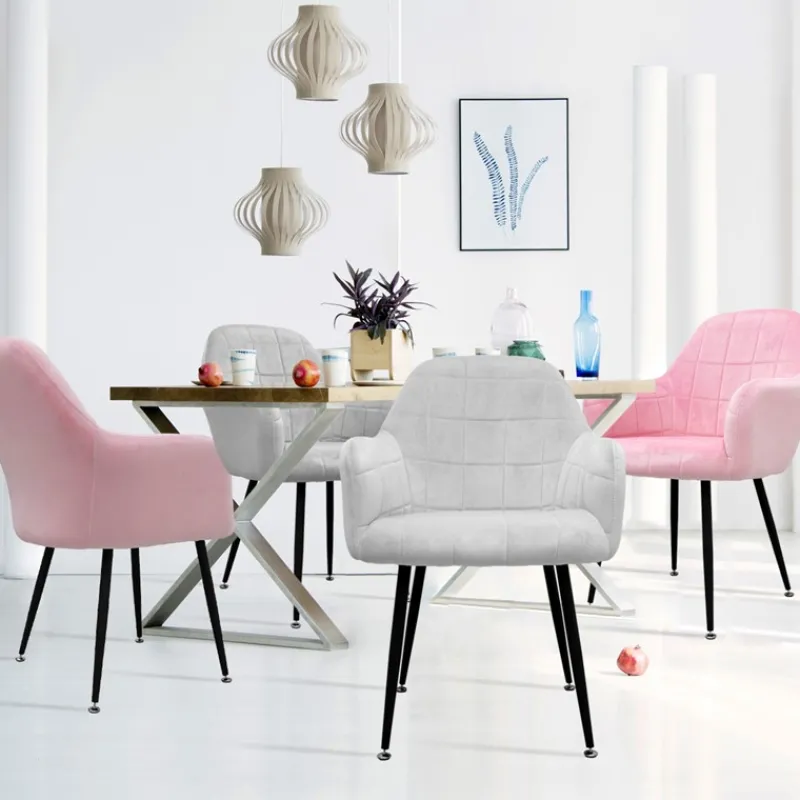 Esszimmerstuhl 4er Set mit Rücken- und Armlehnen Grau/Rosa Küchenstuhl mit Microfaser-Samtbezug-ECD Germany Clearance