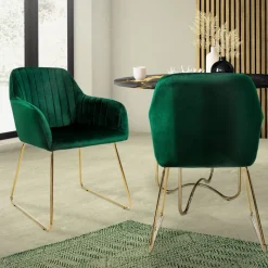 Esszimmerstuhl 2er Set mit Rücken- und Armlehnen Grün Küchenstuhl mit Microfaser-Samtbezug ML-Design-ECD Germany Clearance