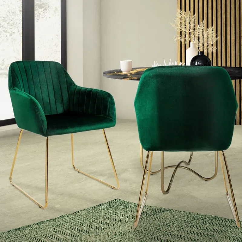Esszimmerstuhl 2er Set mit Rücken- und Armlehnen Grün Küchenstuhl mit Microfaser-Samtbezug ML-Design-ECD Germany Clearance