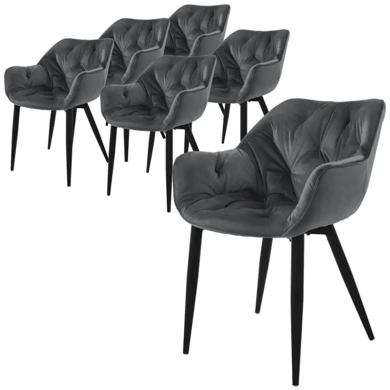 Esszimmerstuhl 6er Set mit Rücken- und Armlehnen Anthrazit Küchenstuhl mit Microfaser-Samtbezug ML-Design-ECD Germany Hot