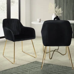 Esszimmerstuhl 2er Set mit Rücken- und Armlehnen Schwarz Küchenstuhl mit Microfaser-Samtbezug & goldenen Metallbeinen ML-Design-ECD Germany Best