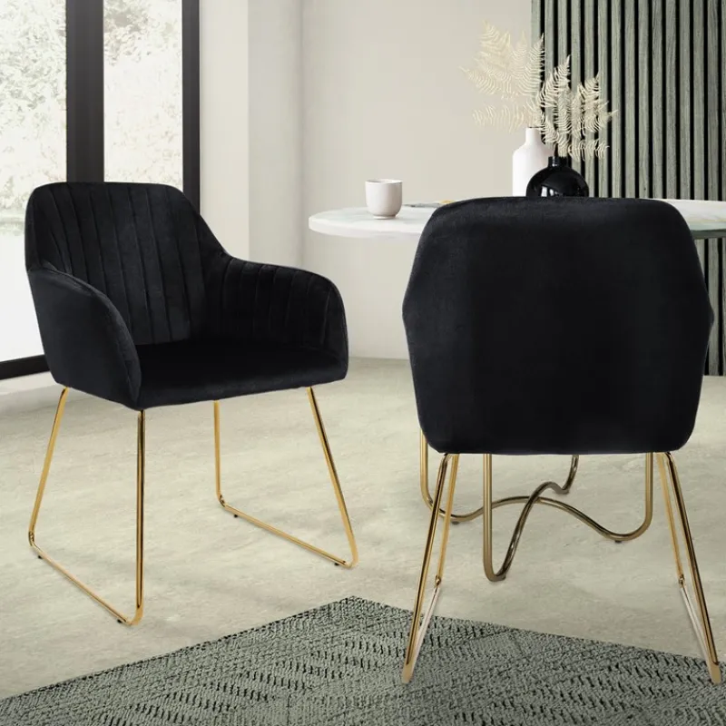 Esszimmerstuhl 2er Set mit Rücken- und Armlehnen Schwarz Küchenstuhl mit Microfaser-Samtbezug & goldenen Metallbeinen ML-Design-ECD Germany Best