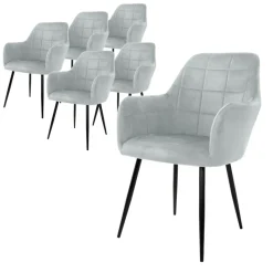 Esszimmerstuhl 6er Set mit Rücken- und Armlehnen Grau Küchenstuhl mit Microfaser-Samtbezug-ECD Germany Clearance