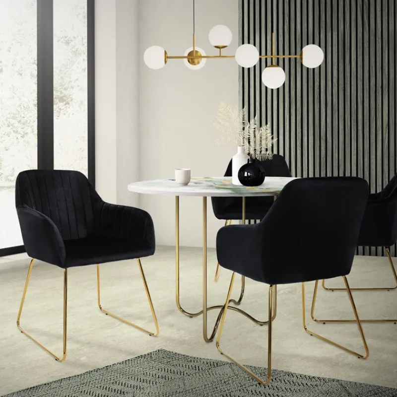 Esszimmerstuhl 4er Set mit Rücken- und Armlehnen Schwarz Küchenstuhl mit Microfaser-Samtbezug ML-Design-ECD Germany Best