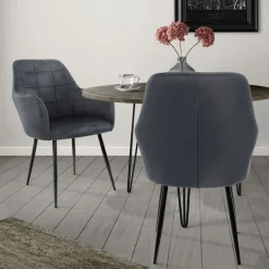 Esszimmerstuhl 2er Set mit Rücken- und Armlehnen Dunkelgrau Küchenstuhl mit Microfaser-Samtbezug-ECD Germany