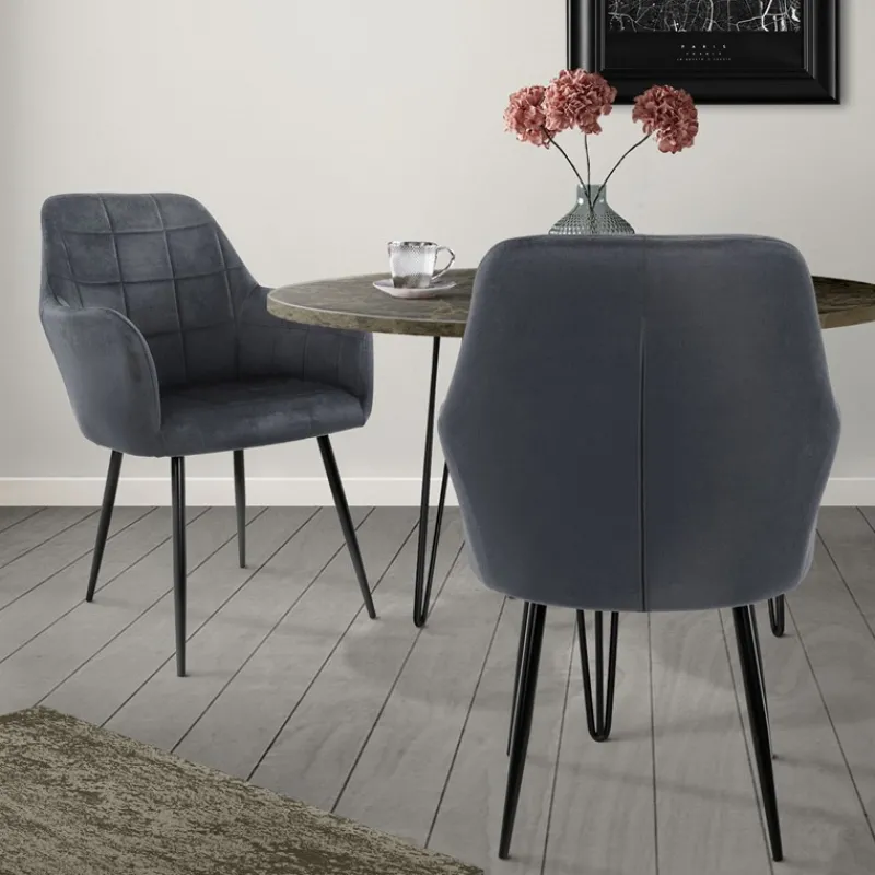 Esszimmerstuhl 2er Set mit Rücken- und Armlehnen Dunkelgrau Küchenstuhl mit Microfaser-Samtbezug-ECD Germany