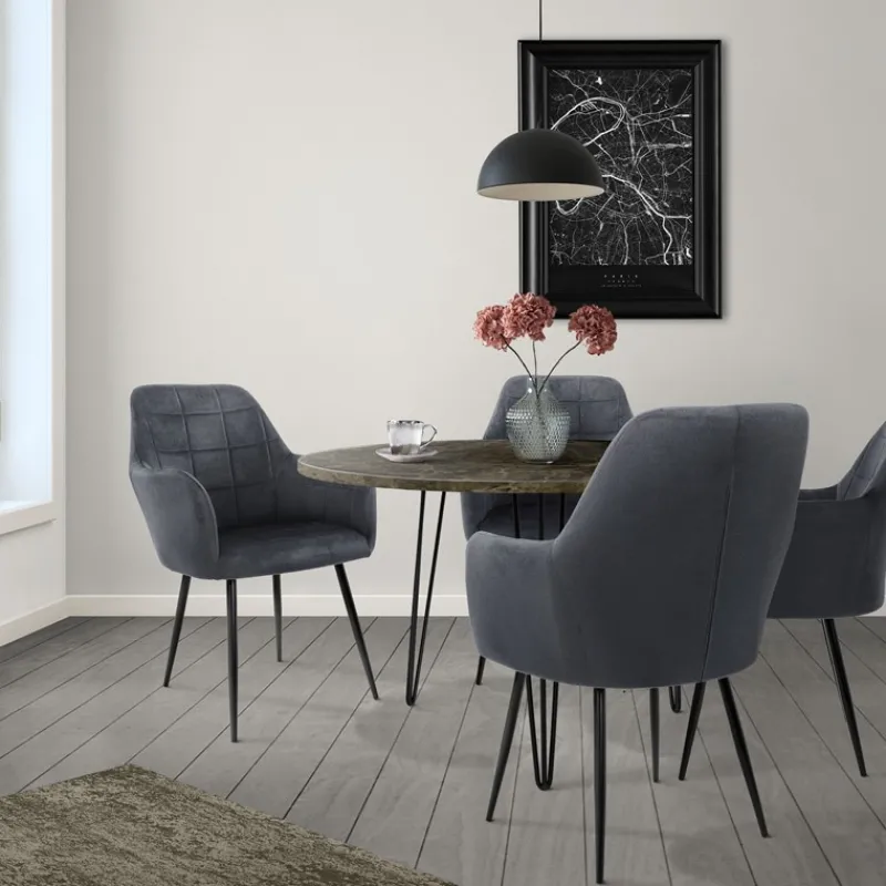 Esszimmerstuhl 2er Set mit Rücken- und Armlehnen Dunkelgrau Küchenstuhl mit Microfaser-Samtbezug-ECD Germany