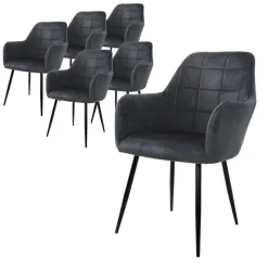 Esszimmerstuhl 6er Set mit Rücken- und Armlehnen Dunkelgrau Küchenstuhl mit Microfaser-Samtbezug-ECD Germany