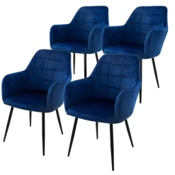 Esszimmerstuhl 4er Set Quadrat Steppung mit Rücken- und Armlehnen Dunkelblau Küchenstuhl mit Microfaser-Samtbezug ML-Design-ECD Germany New