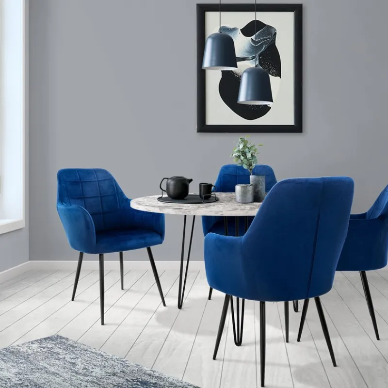 Esszimmerstuhl 2er Set Quadrat Steppung mit Rücken- und Armlehnen Dunkelblau Küchenstuhl mit Microfaser-Samtbezug ML-Design-ECD Germany Discount