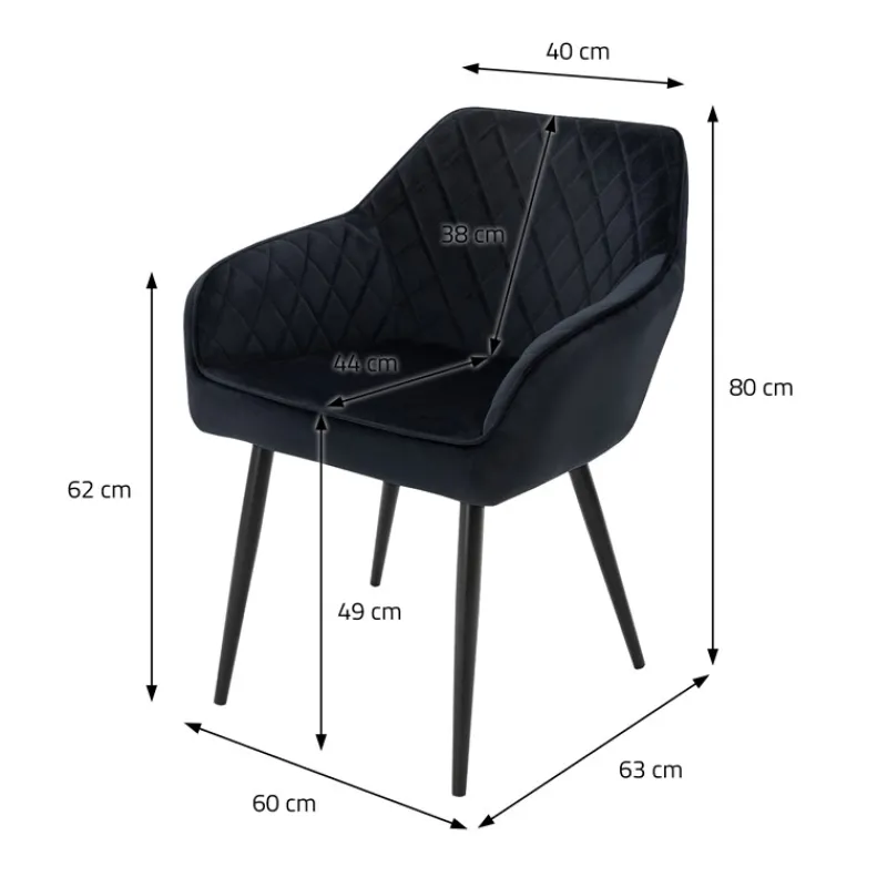 Esszimmerstuhl 2er Set Rauten Steppung Schwarz Samtbezug mit Metallbeinen & Armlehne inkl. Montagematerial ML-Design-ECD Germany Sale
