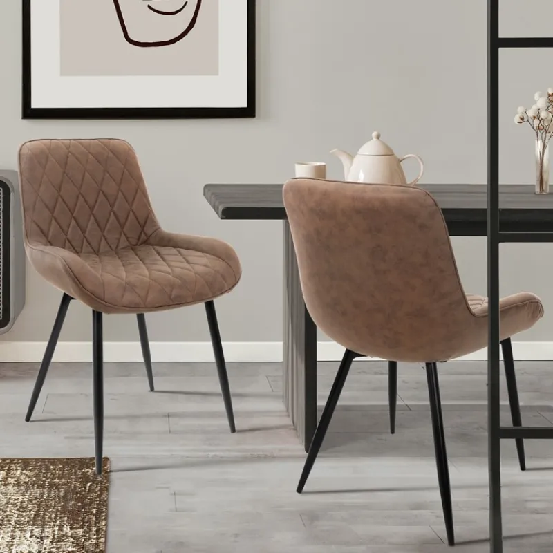 Esszimmerstuhl 2er Set Rauten Steppung Braun Kunstlederbezug mit Metallbeinen inkl. Montagematerial ML-Design-ECD Germany Best