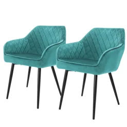 Esszimmerstuhl 2er Set Rauten Steppung mit Rücken- und Armlehnen Petrol Küchenstuhl mit Microfaser-Samtbezug ML-Design-ECD Germany New