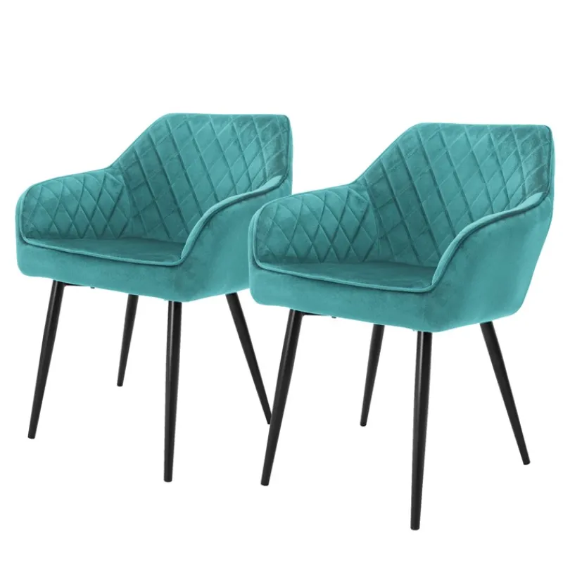 Esszimmerstuhl 2er Set Rauten Steppung mit Rücken- und Armlehnen Petrol Küchenstuhl mit Microfaser-Samtbezug ML-Design-ECD Germany New