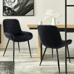 Esszimmerstuhl 2er Set Rauten Steppung Schwarz Samtbezug mit Metallbeinen inkl. Montagematerial ML-Design-ECD Germany Clearance