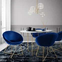 Esszimmerstuhl mit runder Rückenlehne Blau aus Samt mit goldenen Metallbeinen ML-Design-ECD Germany Best