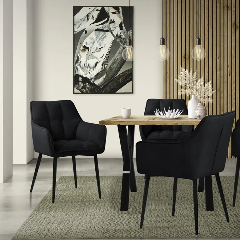 Esszimmerstuhl Schwarz aus Frotteestoff mit dickem gepolsterter Sitz ML-Design-ECD Germany