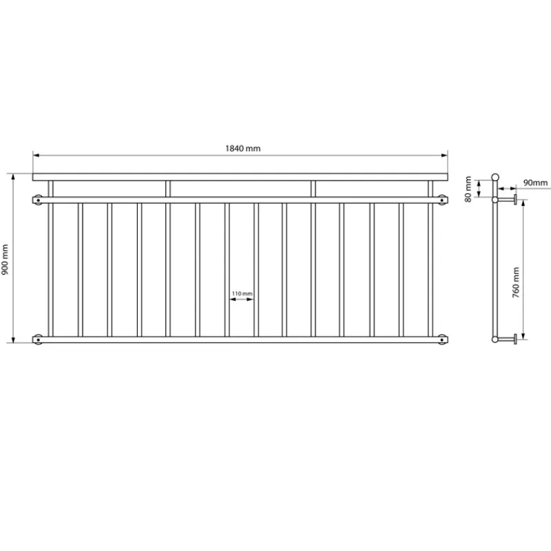 Französischer Balkon Schwarz 184x90 cm mit 14 Füllstäben aus pulverbeschichtetem Stahl-ECD Germany New