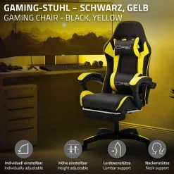 Gaming Stuhl mit Fußstütze und Armlehne Schwarz-Gelb, aus Kunstleder ML-Design-ECD Germany Outlet