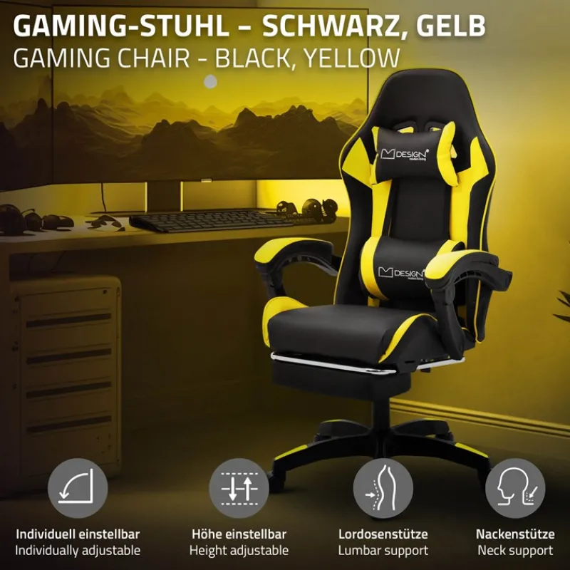 Gaming Stuhl mit Fußstütze und Armlehne Schwarz-Gelb, aus Kunstleder ML-Design-ECD Germany Outlet