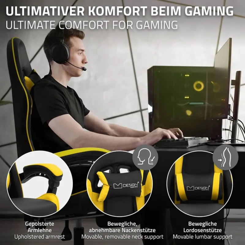 Gaming Stuhl mit Fußstütze und Armlehne Schwarz-Gelb, aus Kunstleder ML-Design-ECD Germany Outlet