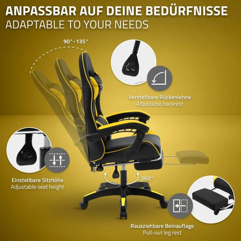 Gaming Stuhl mit Fußstütze und Armlehne Schwarz-Gelb, aus Kunstleder ML-Design-ECD Germany Outlet