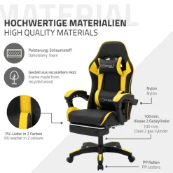 Gaming Stuhl mit Fußstütze und Armlehne Schwarz-Gelb, aus Kunstleder ML-Design-ECD Germany Outlet